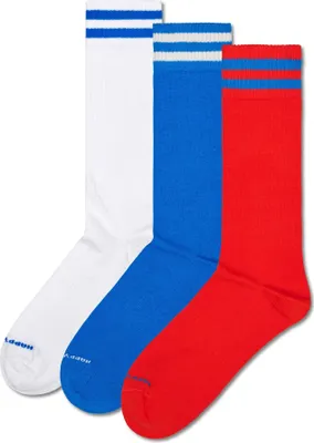 Produktbild von Happy Socks Uni Socken, 3er Pack - Solid Crew Socks, Baumwolle, Streifen, unifarben, Baumwollmischung Weiß/Blau/Rot 41-46