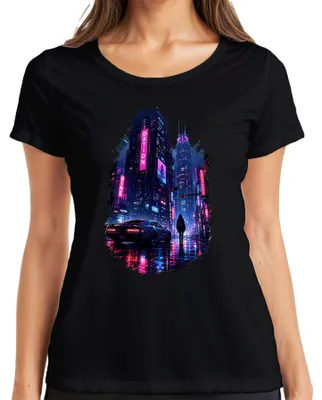 Produktbild von Cyberpunk City Future Neon Auto Regen Nacht Japan Y2K Synthwave Damen T-Shirt, Schwarz, 3XL