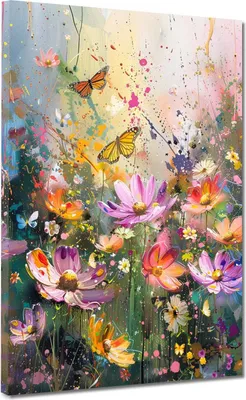 Produktbild von Blumenwiese Schmetterlinge Pop Art Leinwandbild Wandbild Kunstdruck Wanddeko: 120x160x4cm