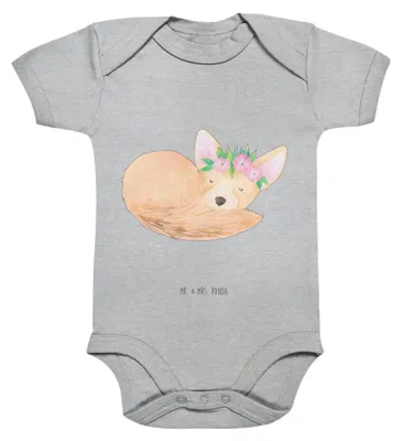 Produktbild von Mr. & Mrs. Panda Babybody Wüstenfuchs Blumen 3. - 6. Monat - Heather Grey - Geschenk, babykleidung body, Babystrampler, overall baby, Glücklich, Blumenkranz, Strampler