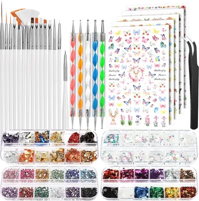 Produktbild von Nageldesign Zubehör Nageldesign Set, Nailart Pinsel & Dekorationen Set, Professionelles Nail-Art-Set Nail-Art-Set mit 15 Pinseln, 5 Stickern und mehr.