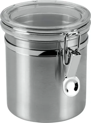 A stainless steel storage container with a clear acrylic lid and a silver metal clasp.