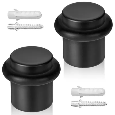 Image de Butée de porte à fixation au sol, 2 butées en acier inoxydable Ø 20 x 25 mm, noir, vis et chevilles incluses.