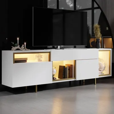 Produktbild von Skye Decor, Hochwertiger TV-Ständer, 180 cm, Weiß & Gold | 100% melaminbeschichtete Spanplatte, 18 mm dick | Metallbeine, Wandmontage, LED-Beleuchtung, Fernbedienung, modern & funktional.