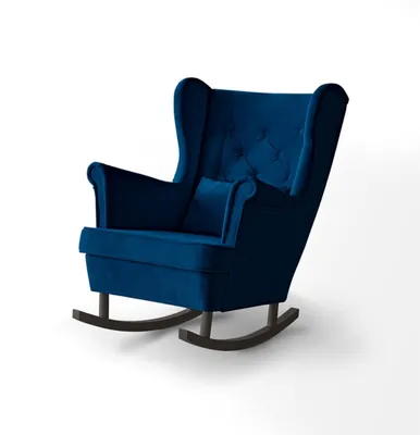 Produktbild von Schaukelsessel Fabio mit Holzbeine, Ohrensessel aus Velours, Polstersessel mit Wellenfedern (Stoff: kronos 09 - marineblau, Beinefarbe: Wenge)