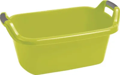 A lime green plastic basin with gray handles on a white background.