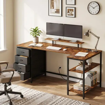 Produktbild von VASAGLE L-förmiger Eckschreibtisch mit USB-Anschlüssen, Computertisch, 2 Ablagen, 4 Schubladen, 160 x 80 cm, braun