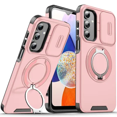 Obrázek produktu pro Dvouvrstvé pouzdro pro Samsung Galaxy A14 5G/4G, s posuvným krytem fotoaparátu a magnetickým kroužkovým stojánkem Růžový