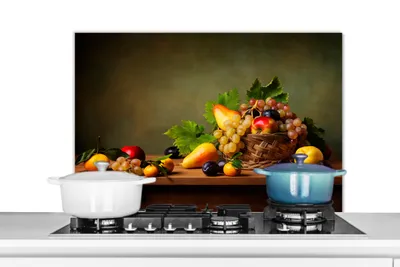 Produktbild von KitchenYeah®  Spritzschutz Küche - Küchenrückwand - Wandschutz für Herd und Spüle - Rustikal - Korb - Obst - Stilleben 90x60 - Alu-Dibond (Alternative zum Spritzschutz aus Glas) - Hitzebeständig - Her