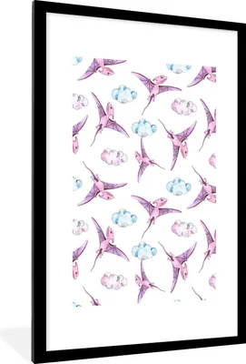 Produktbild von MuchoWow® Gerahmtes Poster Dinosaurier - Muster - Kinderzimmer - Mädchen - Kinder - Rosa - Kinder 60x90 cm - Poster mit Schwarzem Bilderrahmen Wandposter Rahmen Foto Bilder - Dekoration - Wandposter Wohnzimmer - Hochwertig