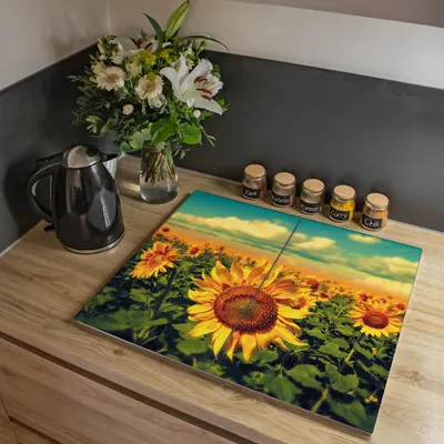 Zdjęcie produktu dla Dwuczęściowa płyta pokrywająca kuchenkę Banjado, każda o wymiarach 30 x 52 cm, z gumowymi podkładkami dystansowymi, szkło bezpieczne ESG z motywem słoneczników [HAP2 10886]