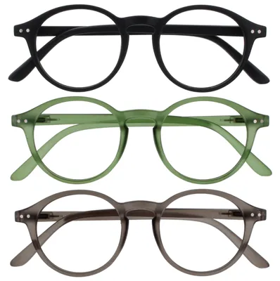 Produktbild von OPULIZE REY Lesebrille - 3er-Pack - Runder Retro-Rahmen - Mattschwarz, Grün, Grau - Herren Damen - Federscharniere - RRR56-167 - +1.00