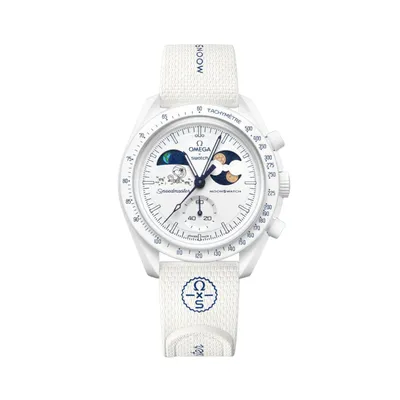 A white Swatch x Omega watch with a white strap, featuring Snoopy on the dial.