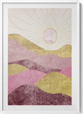 Produktbild von Abstrakte Landschaft mit goldenen Bergen und Sonne– Wandbild mit Rahmen – Gerahmtes Bild  – Wanddekoration – 70x100 cm –  Weiß Rahmen