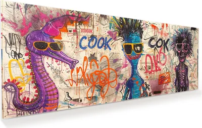 Produktbild von Glasbild 100x40cm in XXL für Wohnzimmer, Schlafzimmer Motiv Graffiti Tiere