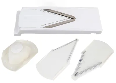 Image de Coupe-légumes multifonctionnel en forme de V pour usage domestique, avec lame en acier inoxydable et protection pour les mains