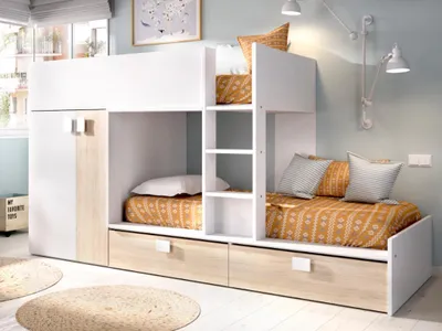 Produktbild von Etagenbett mit Kleiderschrank - 2x 90 x 190 cm - Weiß & Naturfarben - JUANITO