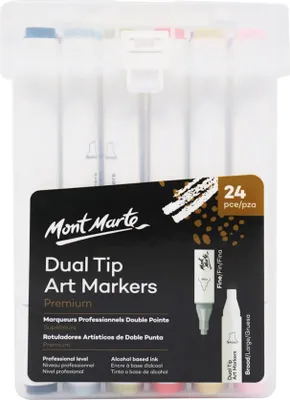 Produktbild von Mont Marte Marker Dual Tip Marker mit 24 Farben, Doppelspitzen für Zeichnen, Ideal auch zum Skizzieren, Kolorieren, Handlettering, Kalligrafieren