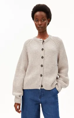 Immagine prodotto di Cardigan a maglia a coste "Armed Angels" in filato melange color miele, taglia M