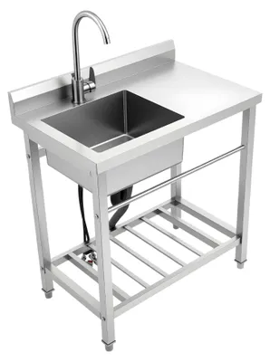 Produktbild von Freistehende Edelstahl-Küchenspüle, 80 x 55 x 84 cm, 100 kg Tragfähigkeit, rechtes Spülbecken für Gewerbe mit Abflussrohr und Wasserhahn