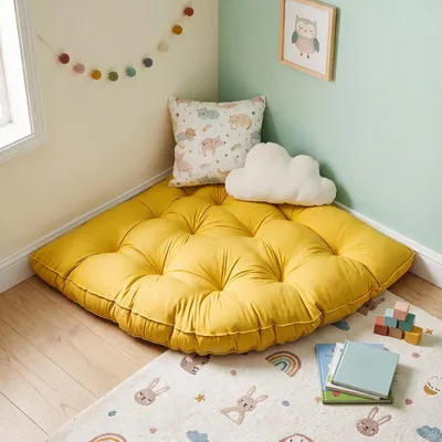 Zdjęcie produktu dla Poduszka narożna, 100x100 cm, mata do zabawy dla dzieci, miękka, antypoślizgowa mata dla dzieci, poduszka do pokoju zabaw – do czytania/jogii/medytacji, kolor żółty