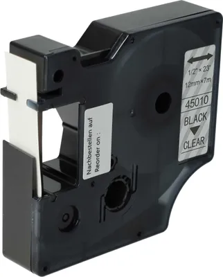 Produktbild von vhbw Schriftband-Kassette kompatibel mit Dymo LabelManager 100, 210D, 120P, 200, 100 Plus, 160 Etiketten-Drucker 7m x 12mm Schwarz auf Transparent