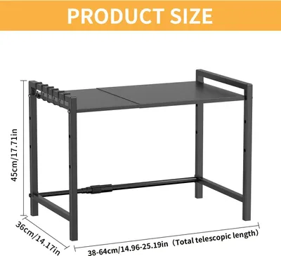 Produktbild von Mikrowellenregal - Küchen Standregal - Ausziehbar - Verstellbar 40–64 cm - Arbeitsplatten Organizer mit 6 Haken - Stahl - 1 Ebene