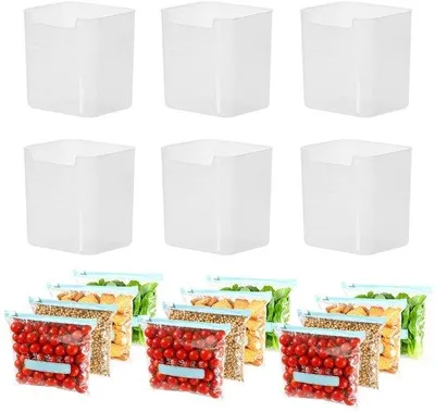 Zdjęcie produktu dla Zestaw 6 organizerów do lodówki marki Unyqoos® wykonanych z przezroczystego, bezpiecznego dla kontaktu z żywnością tworzywa PP + 12 wielokrotnego użytku woreczków do przechowywania świeżych produktów, oszczędzających miejsce w drzwiach lodówki