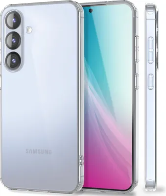 A clear, studio shot of a transparent phone case on a white background, showing the back, front, and side views of the case on a phone.