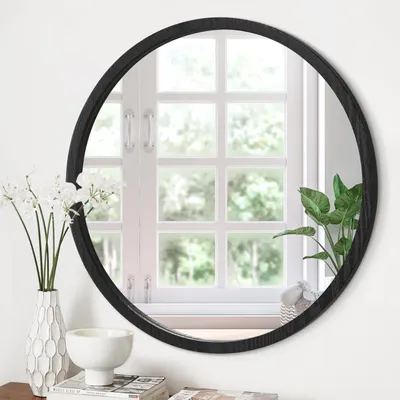 Immagine prodotto di Specchio da parete rotondo, diametro 61 cm, con cornice in legno nera, ideale per soggiorno o bagno