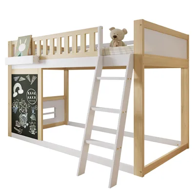 Produktbild von Hochbett mit Tagel und Regal (90x200 cm) Kinderbett mit Rausfallschutz und Leiter, Jugendbett, Kiefer