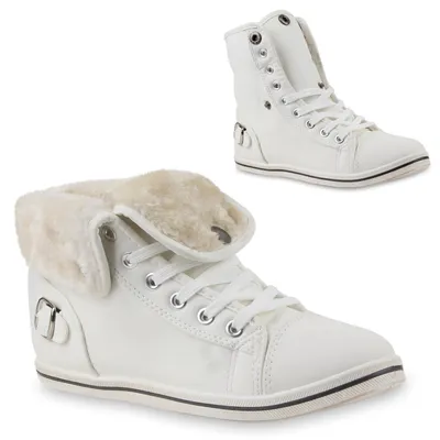 Produktbild von Mytrendshoe Warm Gefütterte Damen Sneakers High Kunstfell Schnallen Flats 78631, Farbe: Weiß, Größe: 41