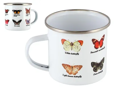 Produktbild von Tasse mit Henkel, Motiv: Schmetterling, 11x8 cm, weißer Emaille, in einer Geschenkbox von 11x9x9 cm