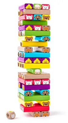 A tall, colorful tower of wooden blocks with animal faces, standing on a white background. A small wooden die is placed to the left of the tower.