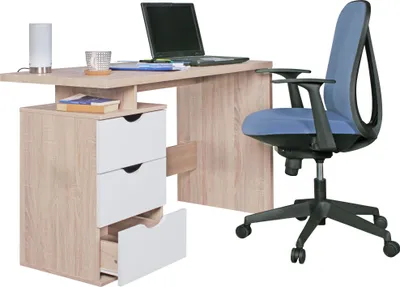Produktbild von WOHNLING Schreibtisch MASSA 120 x 76 x 53 cm mit 3 Schubladen in Sonoma Weiß Computertisch modern für Jugendliche Laptoptisch platzsparend mit Ablage