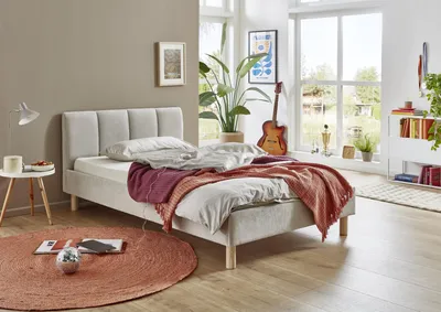 Produktbild von Meise Möbel Polsterbett Joker 140x200 cm | Doppelbett | Bettgestell | Kopfteil mit tiefem Einzug | Strukturstoff Beige | Holzfuß eichefarbig
