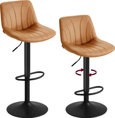 Two bar stools shown side-by-side against a white background. The stool on the right has red circular arrows indicating rotation.