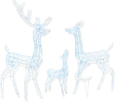 Three wireframe reindeer figures, one large with antlers, one medium, and one small, are displayed against a white background.