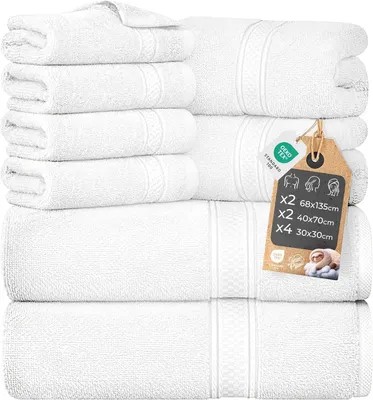 Zdjęcie produktu dla Zestaw ręczników Cloud Pillow, 8 sztuk – 100% bawełna, certyfikat Oeko-TEX, 460 g/m², 2 ręczniki kąpielowe 68x135, 2 ręczniki do rąk 40x70, 4 myjki 30x32 (białe)
