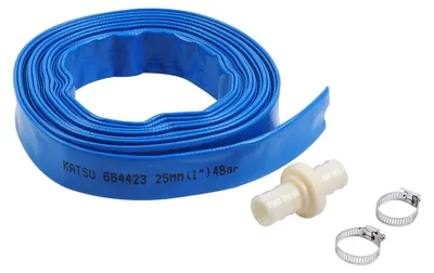 Produktbild von Gartenschlauch Flachschlauch Ablaufschlauch - 10 m x 25 mm - Blau - Mit Schnellkupplung und 2 Schlauchschellen