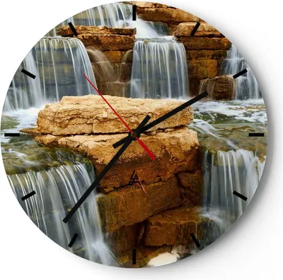 Produktbild von Wanduhr - Rund - Glasuhr - Wasserfall Steine Wasser - 30x30cm - Schleichendes Uhrwerk - Lautlos - zum Aufhängen bereit - Dekoration Modern - Wanddekoration aus Glas - C3AR30x30-0122