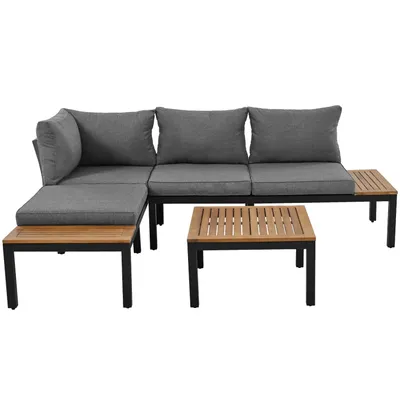 Produktbild von Garten-Lounge-Set (2 Zweisitzer, 2 Beistelltische, 1 Tisch), Tischplatte aus massiver Akazie, Stoffbezug für Rückenlehne, grau