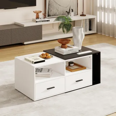 Produktbild von Puluomis Ausziehbarer Couchtisch mit Schublade, Kaffeetisch mit Farbblock Design und Rollen Schreibtisch Sofatisch für Wohnzimmer schwarz weiß