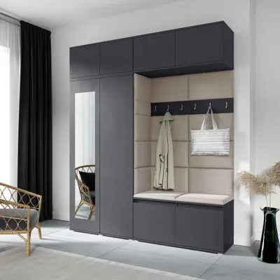 Produktbild von Garderoben-Set NIKOLA Kleiderschrank mit Polsterplatten, Schuhschrank und Schrankaufsatz 90cm Ideal für Flur und Eingangsbereich (Graphit, Trinity 02)