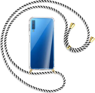 Produktbild von Handykette Backcover-Schutzhülle mit Band (Metall goldfarben) für Samsung Galaxy A7 2018 - schwarz/weiß gestreift