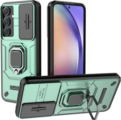 Produktbild von Hülle für Samsung Galaxy A55 Dual Layer Handyhülle Schiebe Kamera Schutz und Ringhalter Ständer Grün