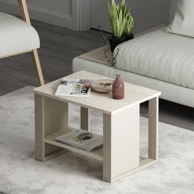 Produktbild von HOMIDEA BOSS Couchtisch mit Stauraumfach - Moderner Wohnzimmertisch 60 × 45 × 43,6 cm - Couchtisch - Travertin/Beige