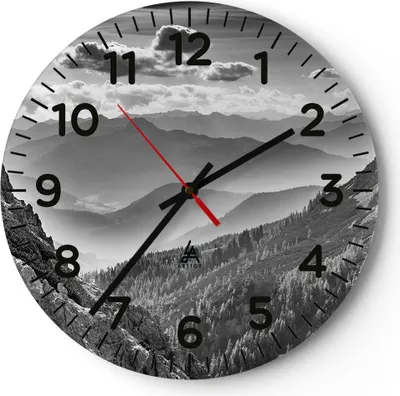 Produktbild von Wanduhr - Rund - Glasuhr - Schwarzweiß Landschaft Berge - 30x30cm - Schleichendes Uhrwerk - Lautlos - zum Aufhängen bereit - Dekoration Modern - Wanddekoration aus Glas - C4AR30x30-4560