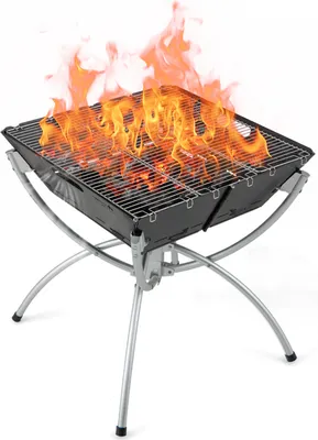 A portable charcoal grill with flames on a white background.