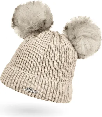 Produktbild von Kinder Mädchen Strickmütze mit zwei Bommeln Doppelbommel Kunstfell Bommelmütze Wintermütze Pudelmütze Rippstrick Neverless® beige unisize